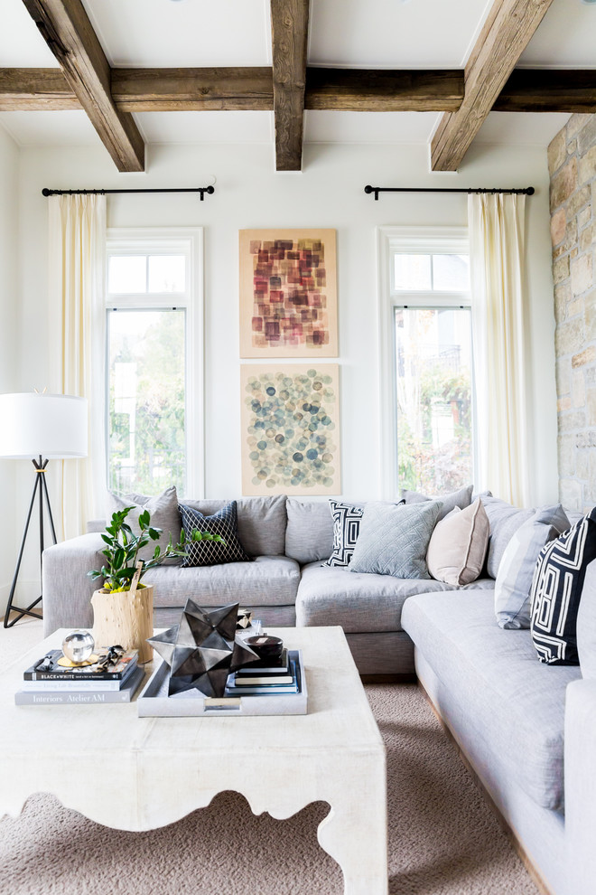 Inspiration for a mid-sized transitional enclosed carpeted family room remodel in Salt Lake City with white walls