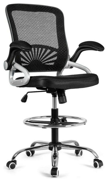 Gymax Mesh Drafting Chair Mid Back Office Chair Adjustable Height Flip-Up Arm 