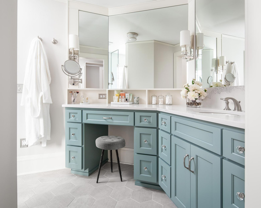 Inspiration for a medium sized contemporary ensuite bathroom in Minneapolis with shaker cabinets, a submerged sink, engineered stone worktops, white worktops, double sinks and a built in vanity unit.
