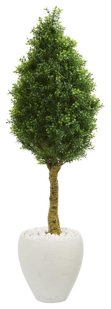 Artificial Tree 4.5 Foot Boxwood Cone Topiary Tree In White Oval Planters