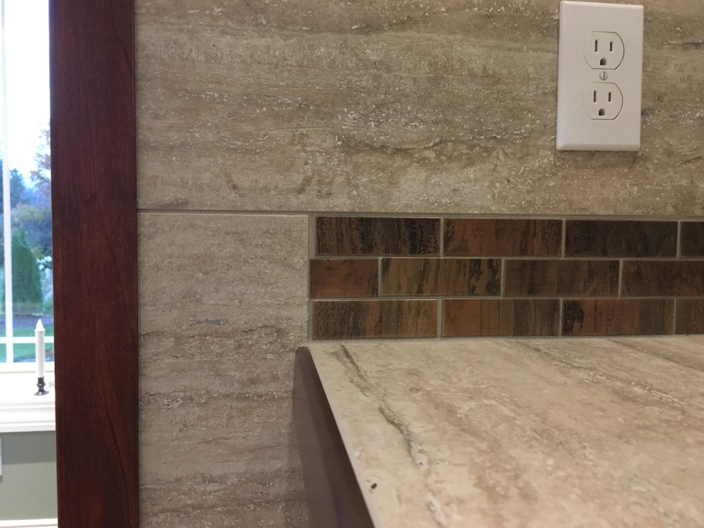 Home design - large transitional porcelain tile home design idea with no fireplace and a standard ceiling