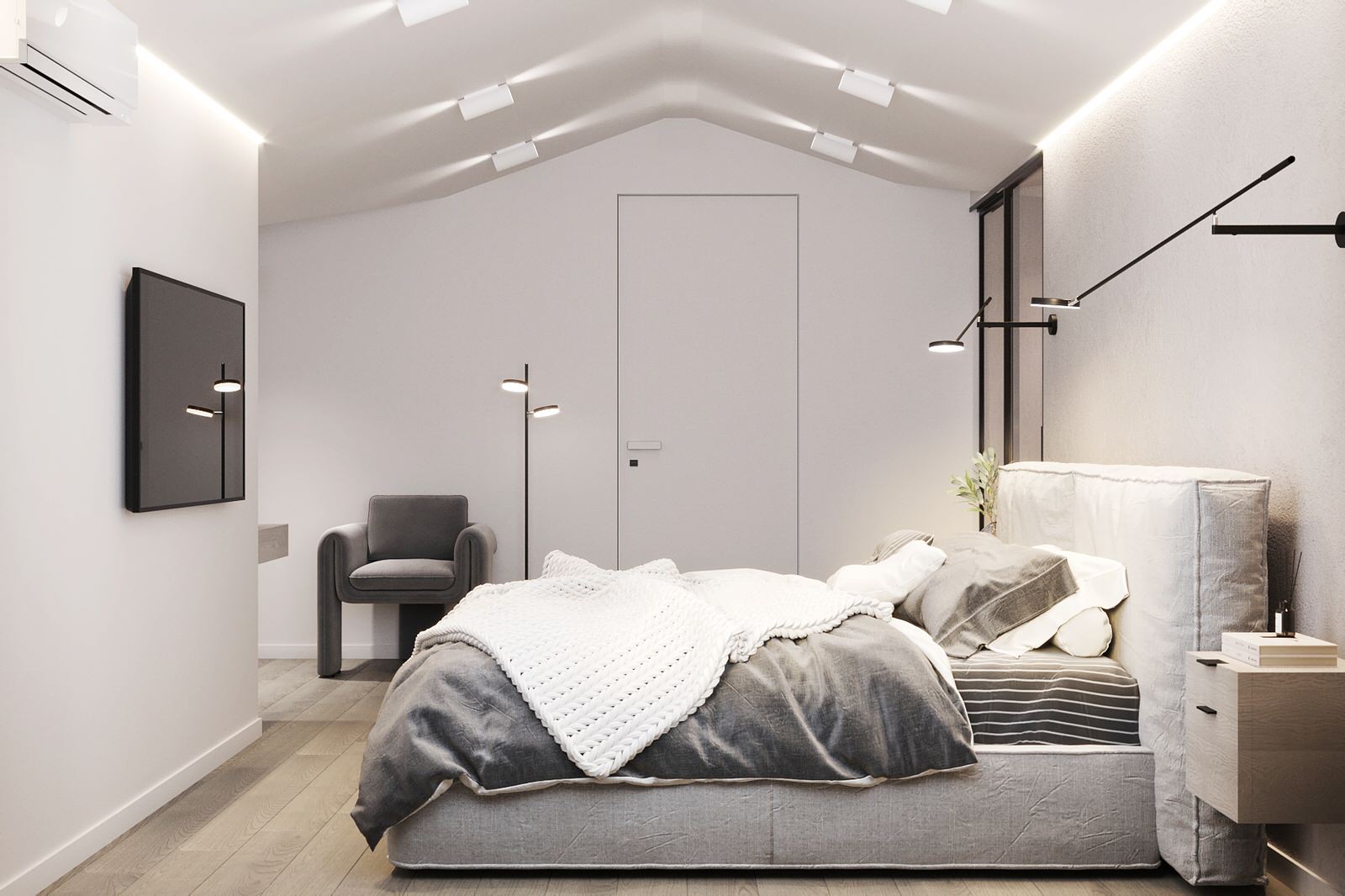 Белые интерьеры спальни и ванной комнаты