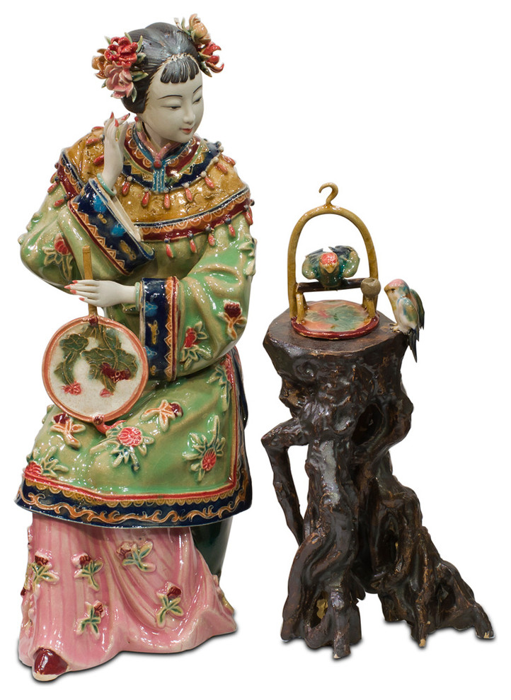 Chinese Porcelain Lady With Bird Cage Asian Decorative Objects And