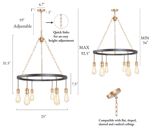 View of LNC 6-Light Metal Industrial Ring Chandelier, Matte Black, Exposed ...