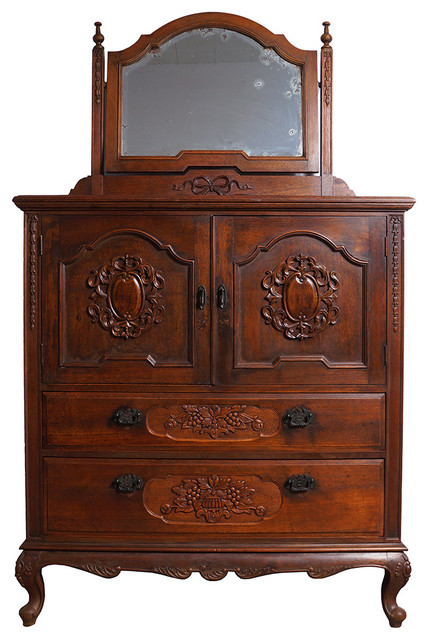 Consigned Antique Chinese Raise Carved Dresser With Mirror