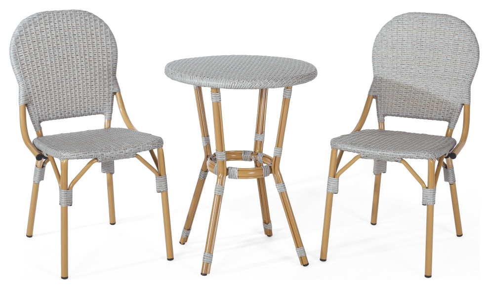 Gallia Outdoor Aluminum French Bistro Set, Gray and Bamboo Finish
