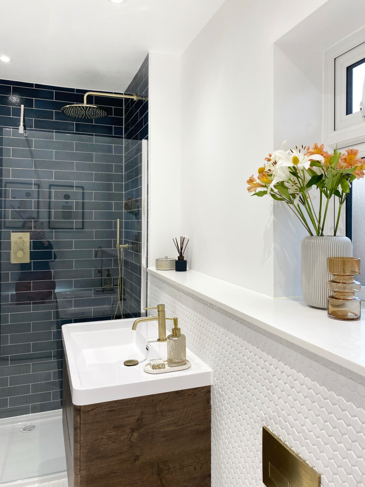 Design ideas for a mid-sized contemporary master bathroom in Other with flat-panel cabinets, dark wood cabinets, an open shower, white tile, porcelain tile, white walls, porcelain floors, a drop-in sink, engineered quartz benchtops, white floor, an open shower, blue benchtops, a single vanity and a floating vanity.