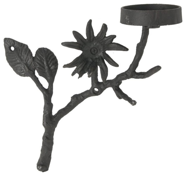 Tree Branch Cast Iron Candle Holder With Flower, Black Rustic