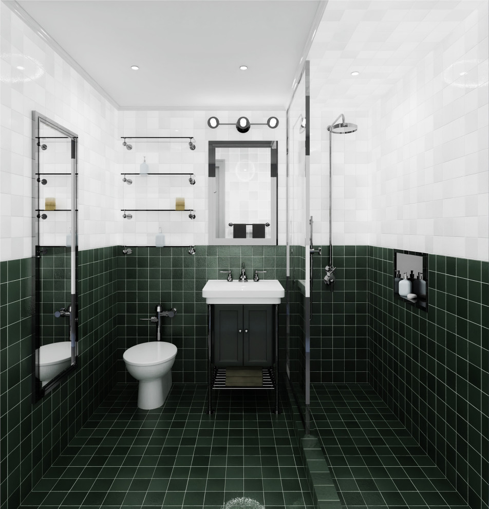 Modern inredning av ett litet vit vitt en-suite badrum, med luckor med infälld panel, gröna skåp, en hörndusch, en toalettstol med hel cisternkåpa, flerfärgad kakel, porslinskakel, flerfärgade väggar, klinkergolv i porslin, ett konsol handfat, grönt golv och med dusch som är öppen