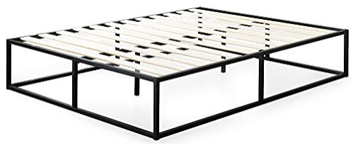 Minimalistic Platform Bed, Tall Design With Metal Frame & Wooden Slats, Queen
