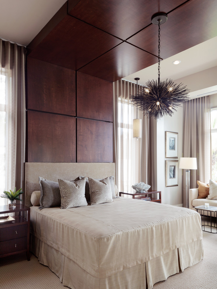 Inspiration for a contemporary bedroom in Miami with brown walls, carpet and no fireplace.
