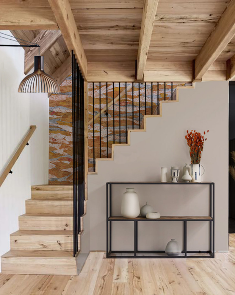 Exempel på ett mellanstort rustikt allrum med öppen planlösning, med grå väggar, ljust trägolv, en öppen vedspis, en fristående TV och beiget golv