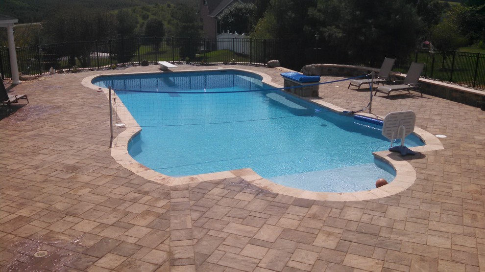 Example of a mid-sized backyard concrete paver and custom-shaped pool fountain design in DC Metro