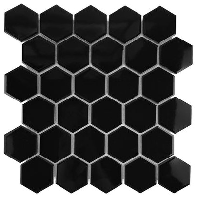 Gio Black Glossy 2" Hexagon Porcelain Mosaic Tile, Swatch Sample