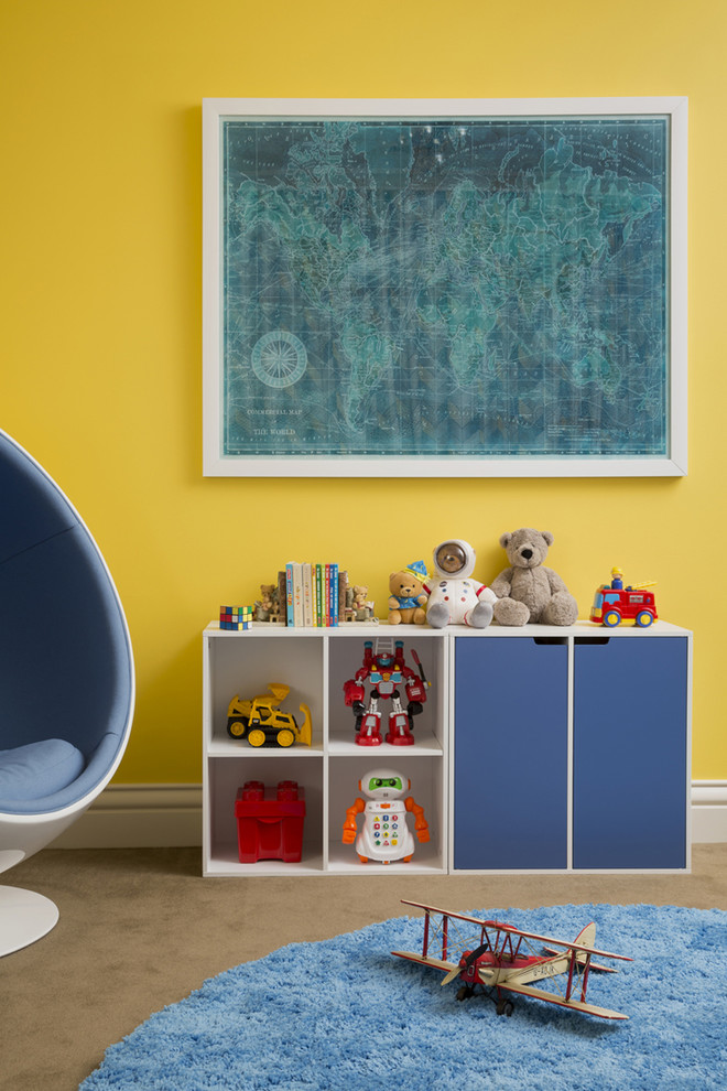 Inspiration for a large contemporary kids' bedroom for kids 4-10 years old and boys in Melbourne with yellow walls, carpet and brown floor.