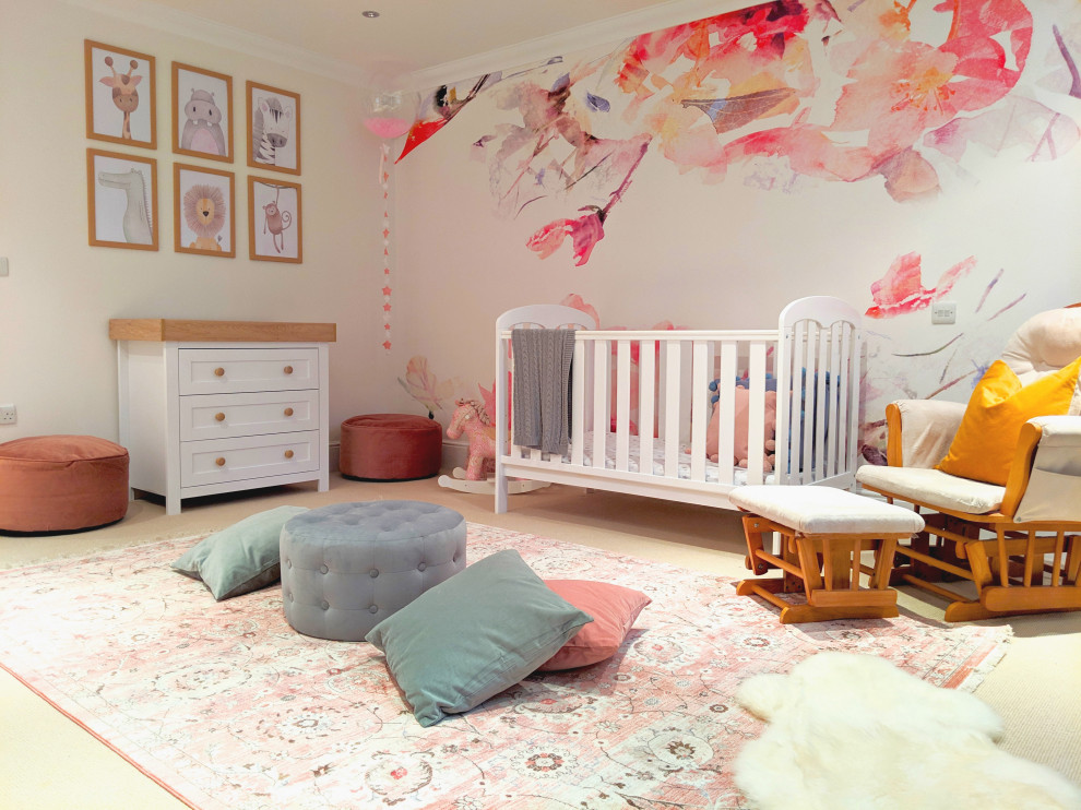 Design ideas for a large eclectic nursery for girls in London with carpet and beige floor.