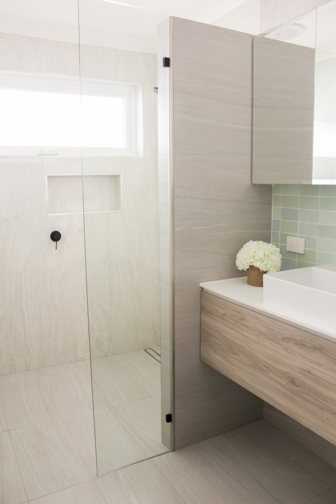 Inspiration for a large modern 3/4 bathroom in Perth with flat-panel cabinets, light wood cabinets, an open shower, porcelain tile, grey walls, porcelain floors, a vessel sink, engineered quartz benchtops, grey floor, an open shower, white benchtops, a single vanity and a floating vanity.