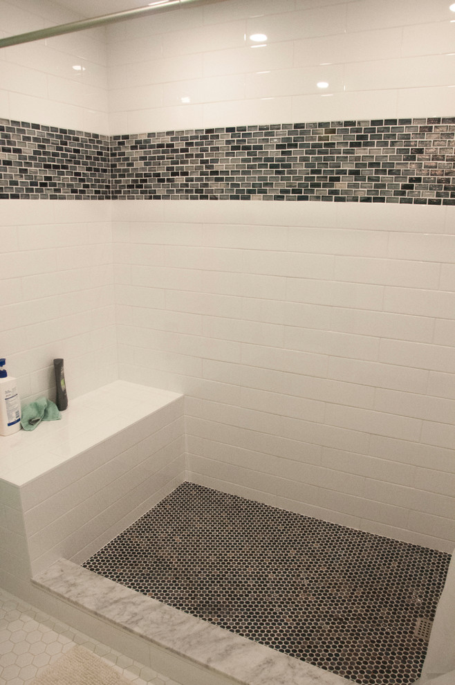 Design ideas for a transitional master bathroom in Boston with an alcove shower, multi-coloured tile, white tile, subway tile and a shower curtain.