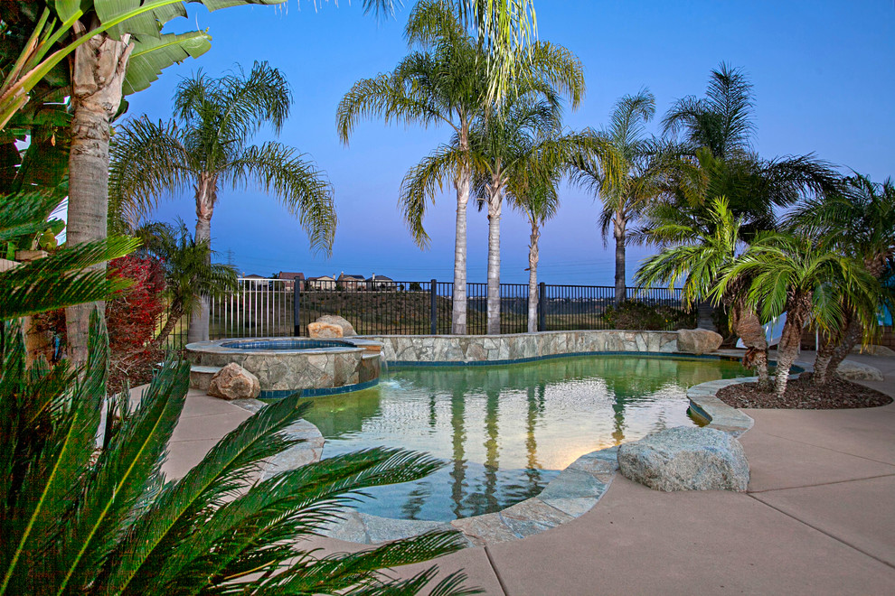 Large transitional backyard custom-shaped pool in San Diego with a water slide and natural stone pavers.