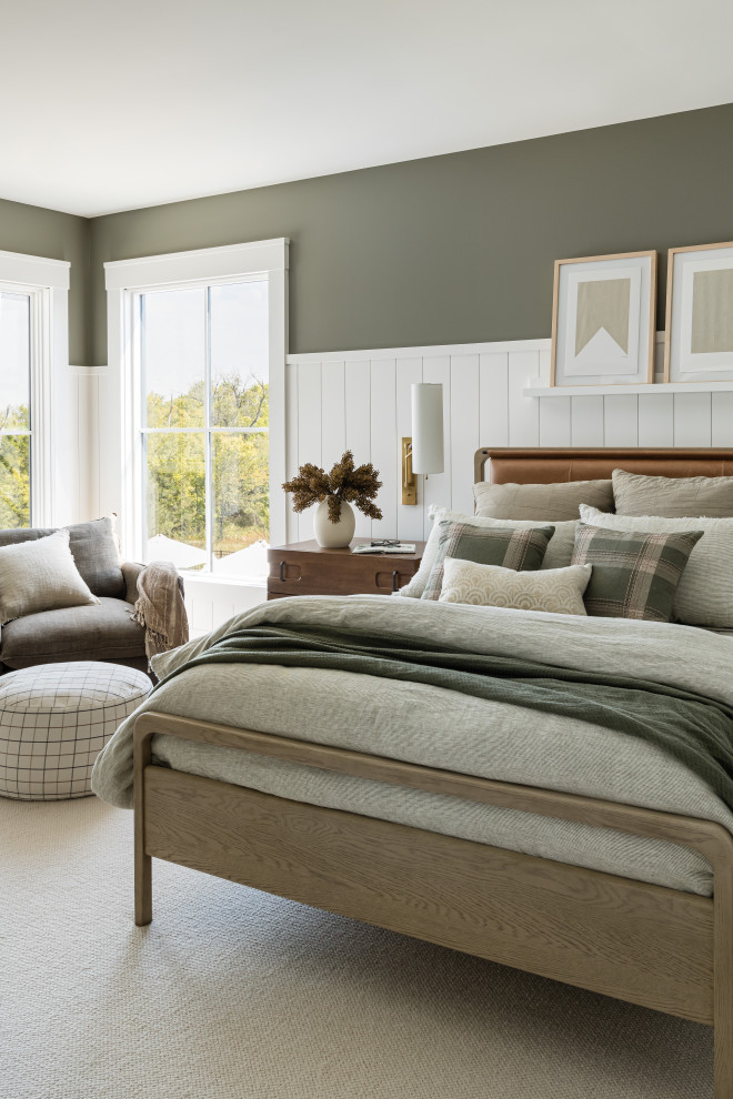 Flint Hills - Bedroom - transitional carpeted, beige floor and wainscoting bedroom idea in Orange County with green walls