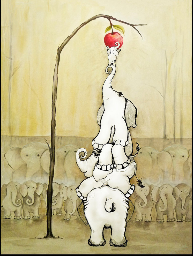 "Whimsical Elephants with Red Apple" Canvas Art, 16"x24"