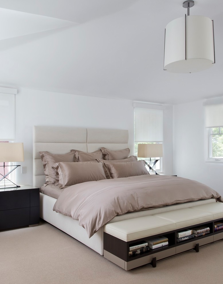 Contemporary bedroom in Denver with white walls, carpet and beige floor.