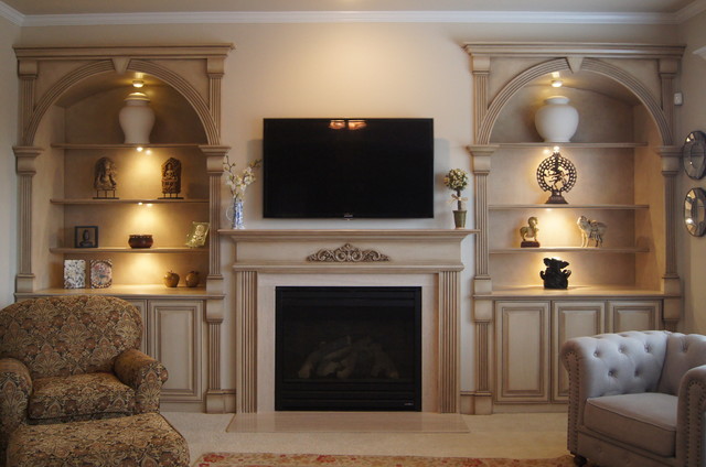 Bookcases and Fireplace Mantels Traditional Living