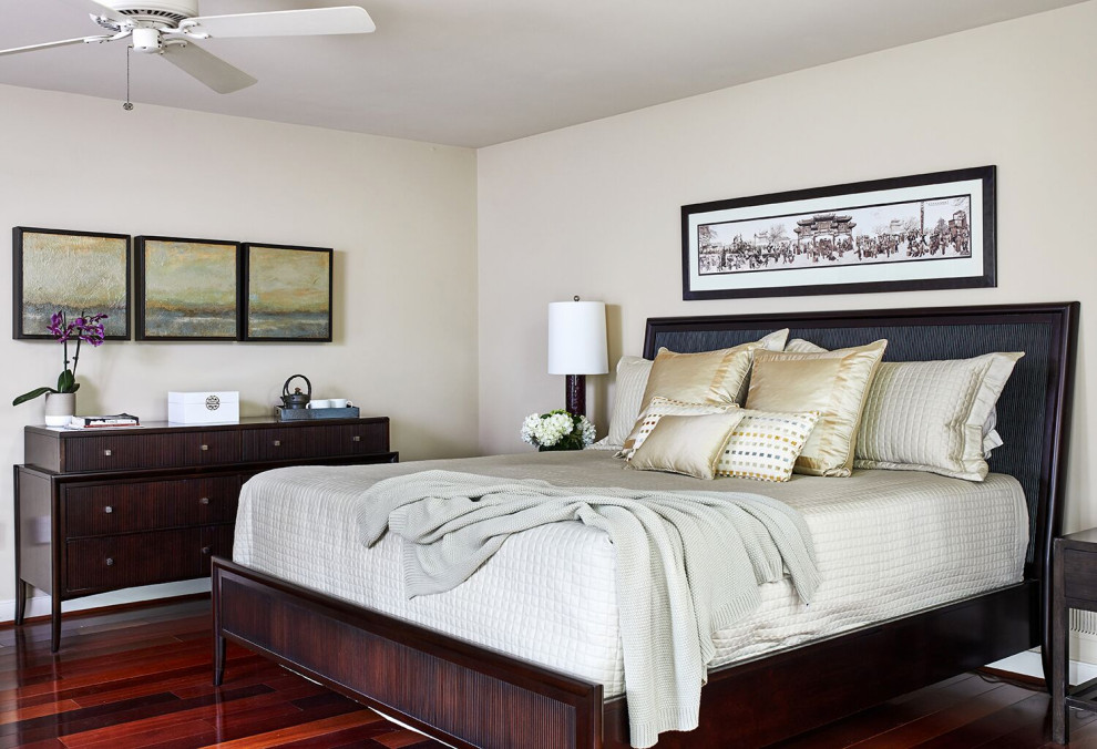 This is an example of a mid-sized contemporary master bedroom in DC Metro with medium hardwood floors and no fireplace.