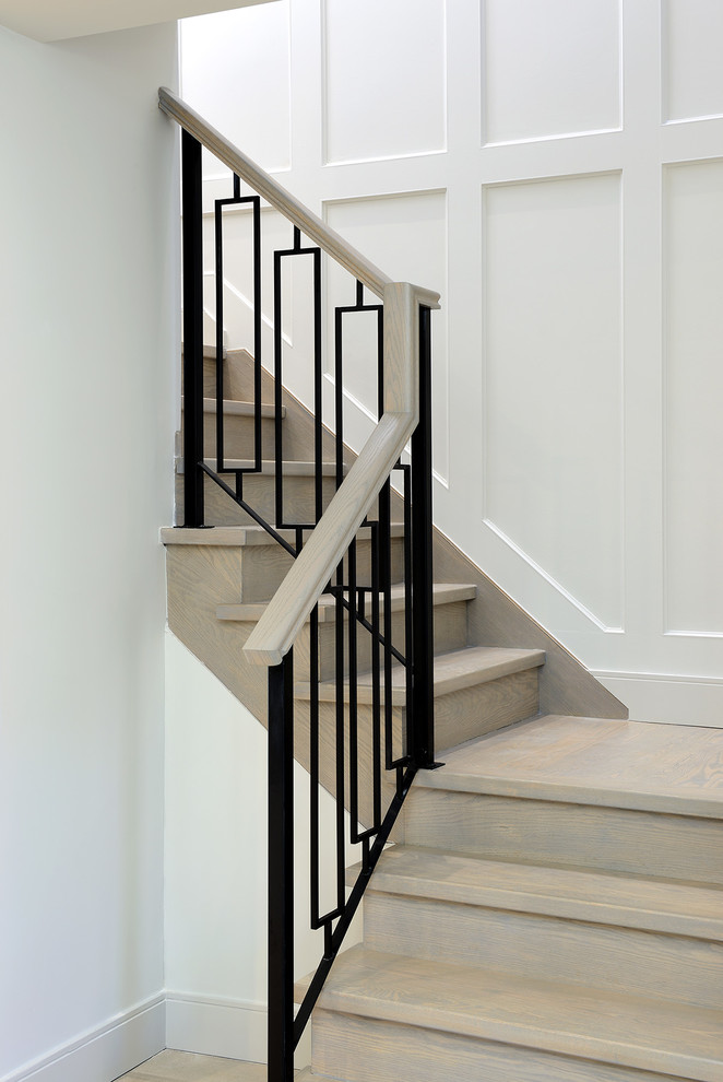 Mid-sized transitional wooden l-shaped mixed material railing staircase photo in Toronto with wooden risers