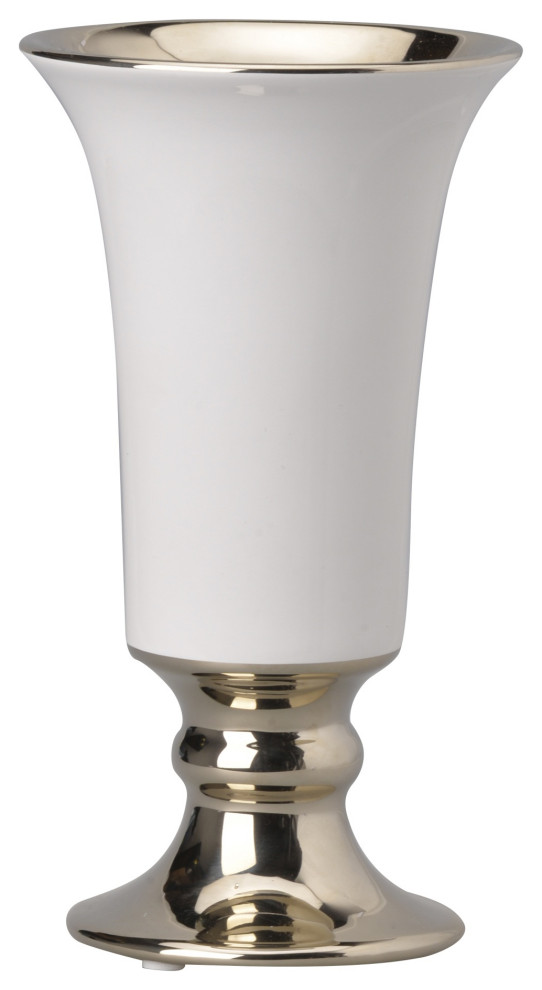 Ceramic Vase with Flared Top and Pedestal Base, Medium, White and Gold