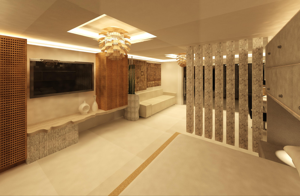 Mid-sized mediterranean master bedroom in Miami with beige walls, travertine floors, beige floor, vaulted and brick walls.