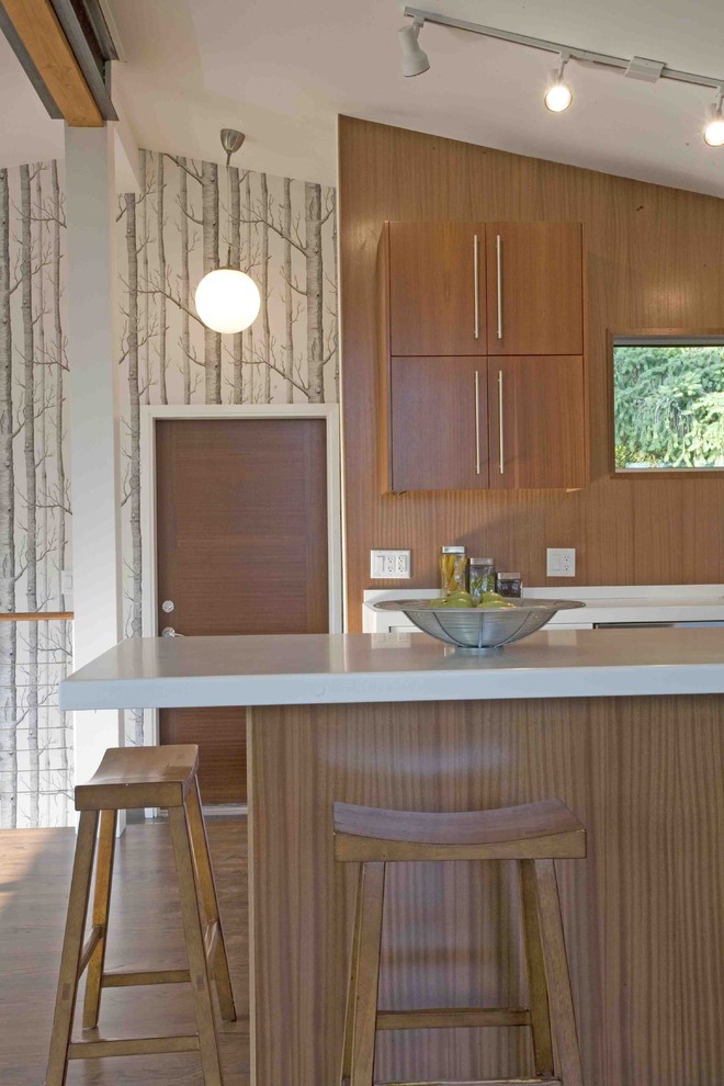 Design ideas for a modern kitchen in Portland with flat-panel cabinets and dark wood cabinets.