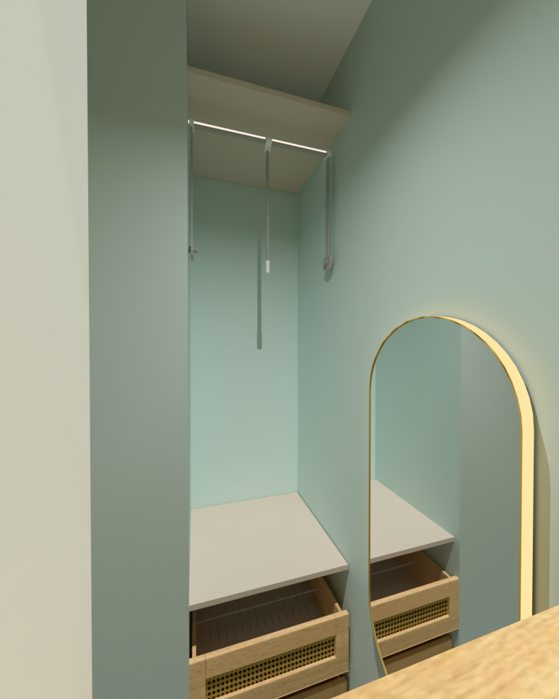 Idéer för ett litet modernt walk-in-closet för könsneutrala, med skåp i ljust trä, vinylgolv och turkost golv