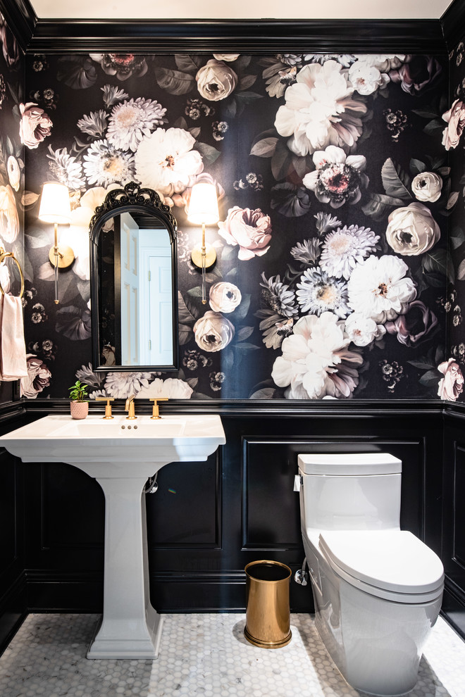Small transitional powder room in Denver with a one-piece toilet, black walls, marble floors, a pedestal sink and white floor.