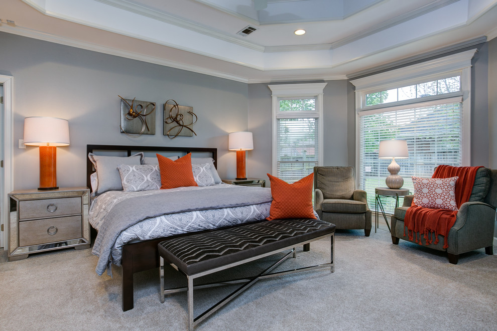 Design ideas for a large contemporary master bedroom in Little Rock with grey walls, carpet and grey floor.