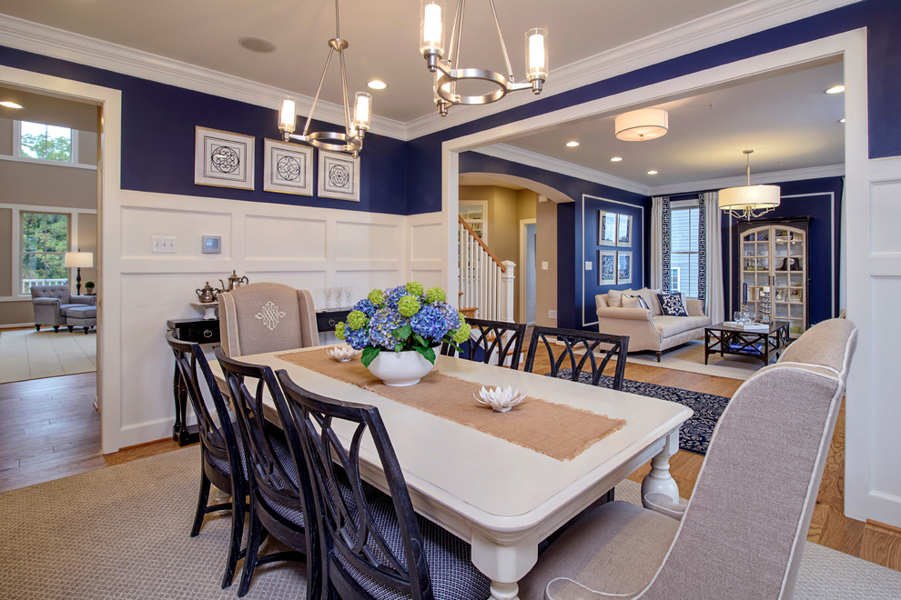 Large transitional separate dining room in DC Metro with blue walls, light hardwood floors and no fireplace.