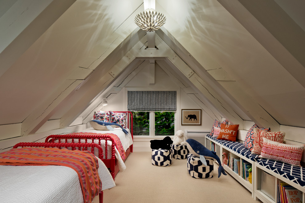 Photo of a beach style kids' bedroom for kids 4-10 years old and girls in DC Metro with white walls, carpet and beige floor.