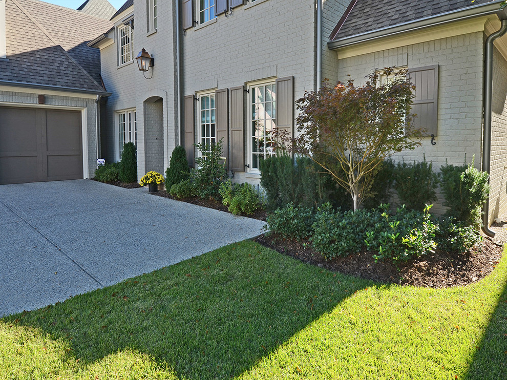 Design ideas for a mid-sized transitional full sun front yard brick driveway.