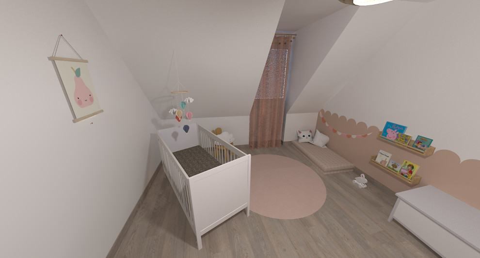 Aménagement de chambre de bébé fille for fille With un mur rose, parquet clair and un sol gris.