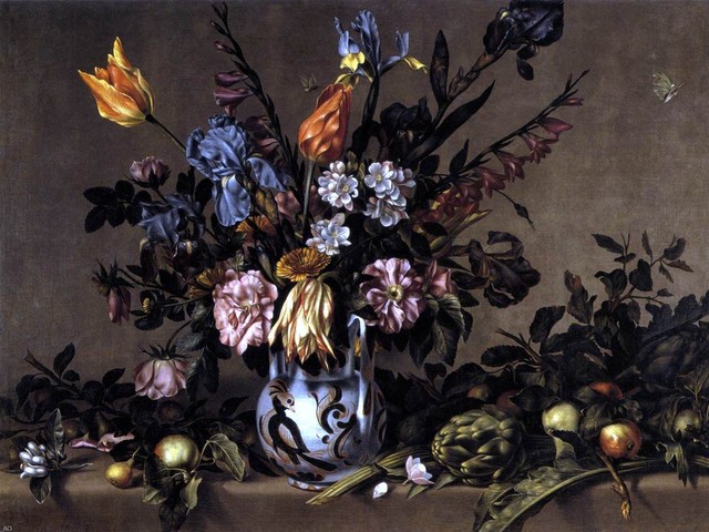 Antonio Ponce Still-Life With Flowers, Artichokes and Fruit, 18"x24" Premium