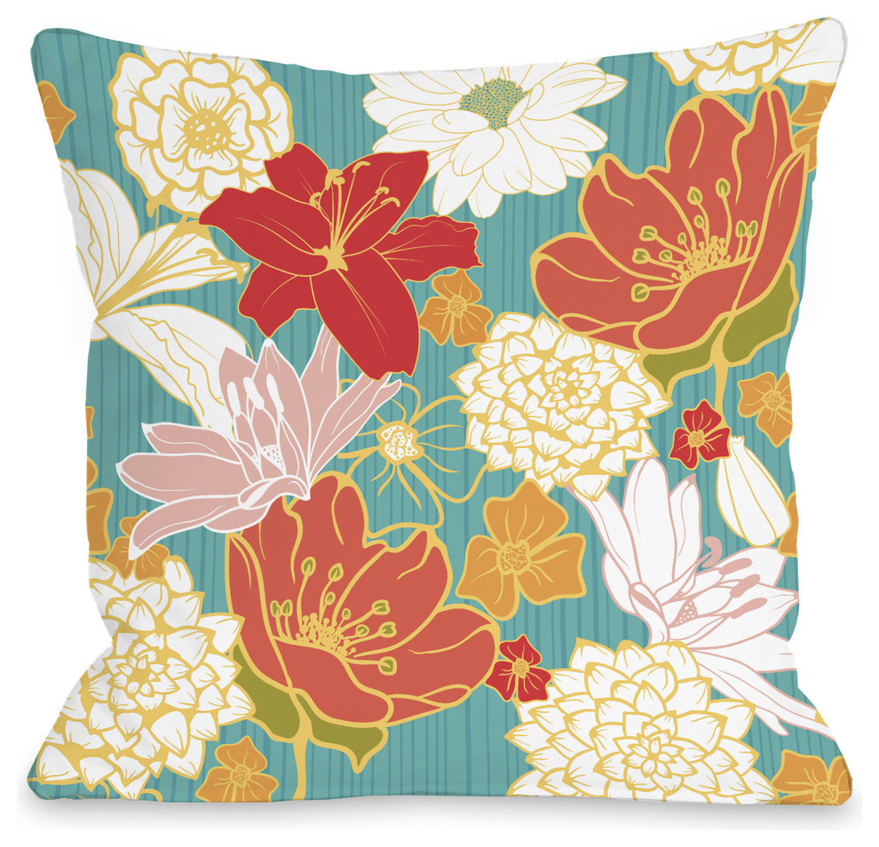 "Oriental Flowers" Outdoor Throw Pillow by OneBellaCasa, Turquoise, 18"x18"