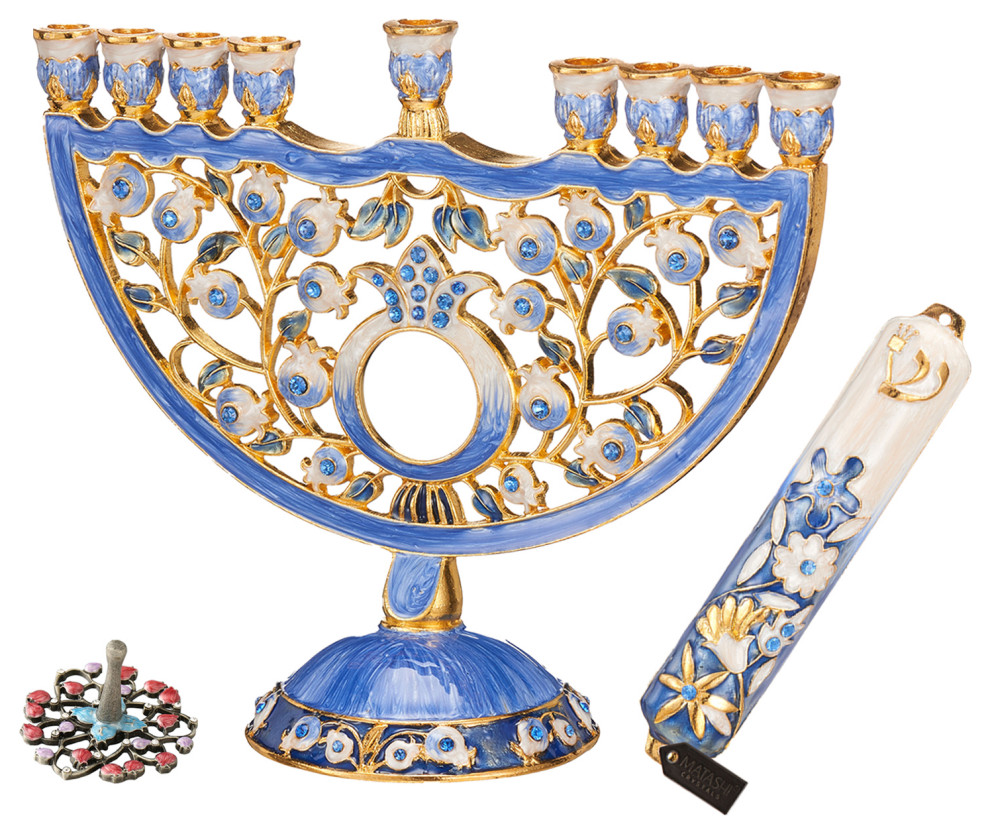 Matashi Hanukkah Menorah Candle Holder With Mezuzah and Spinning