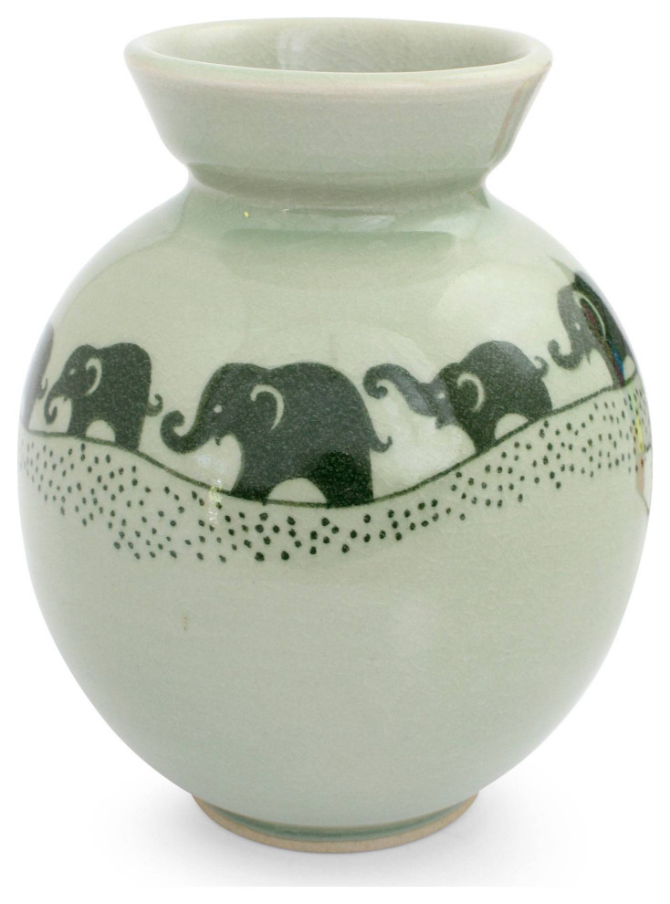 NOVICA Prancing Jade Elephants And Celadon Ceramic Vase