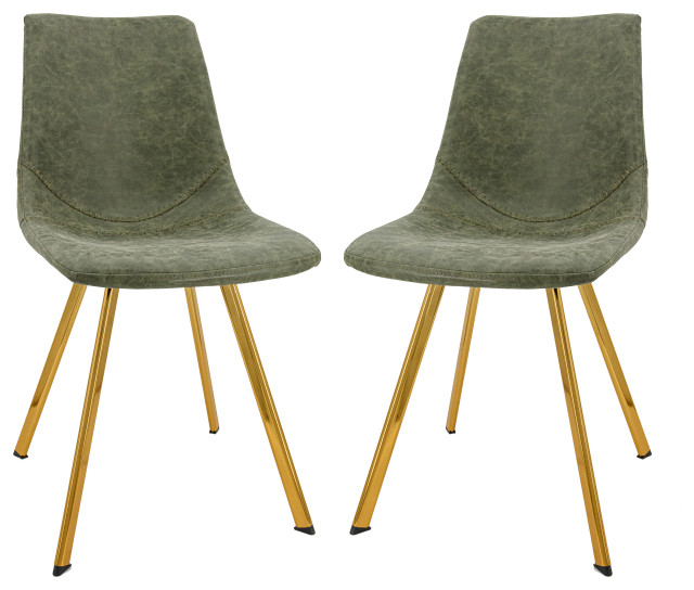 Markley Modern Leather Dining Chair, Gold Legs Set of 2, Olive Green