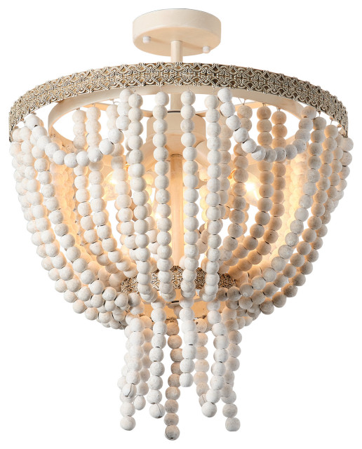 17.71 in 3-Light Cage in Wood Beads Chandelier - Mediterranean ...