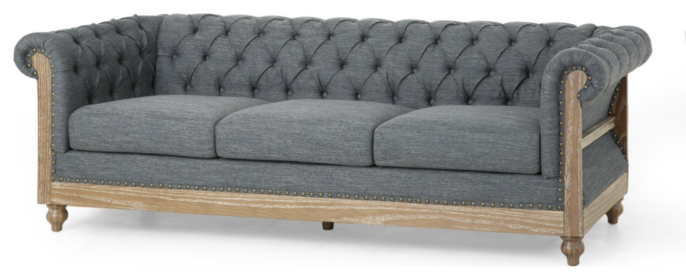 Chesterfield Sofa, Rustic Wood Frame & Tufted Backrest & Rolled Arms, Charcoal