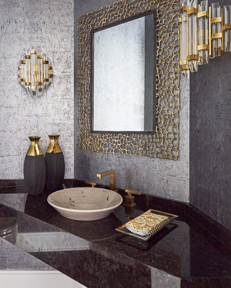 Design ideas for a mid-sized contemporary powder room in Chicago with grey walls, a vessel sink, brown benchtops, a floating vanity, wallpaper, brown cabinets and granite benchtops.