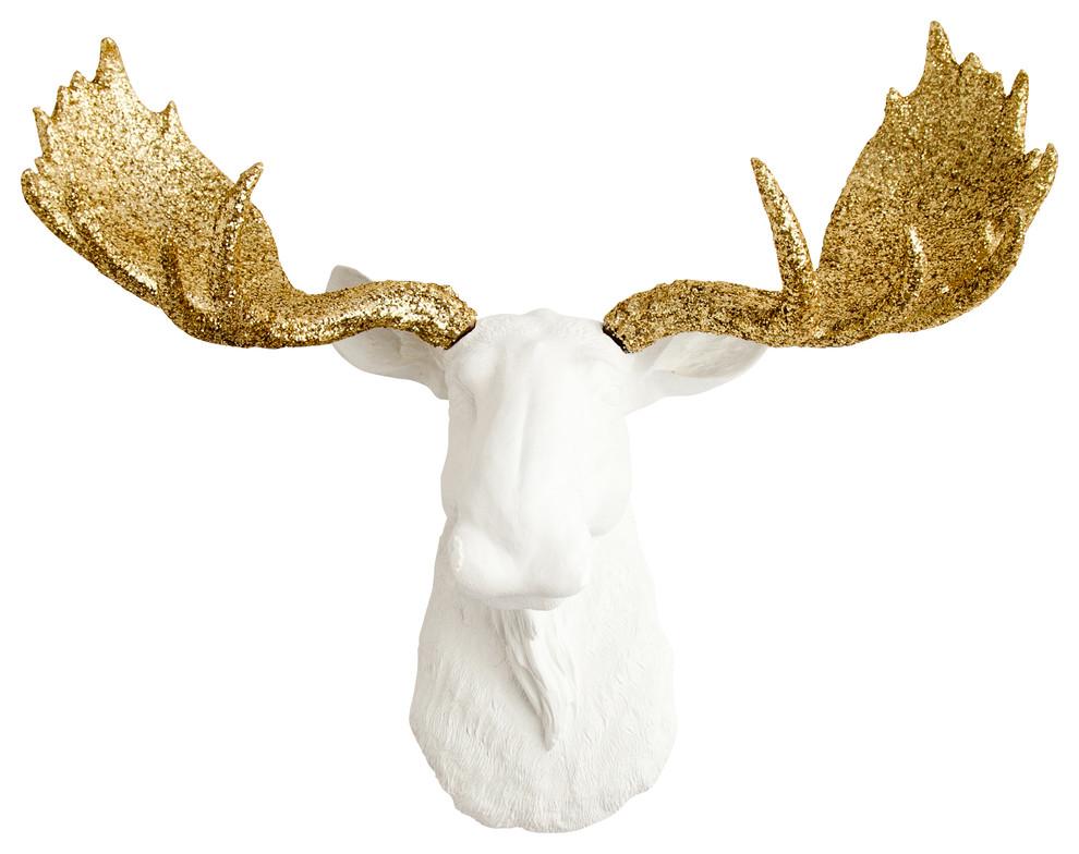 Faux Moose Head Resin Wall Mount by White Faux Taxidermy, Gold Glitter Antlers