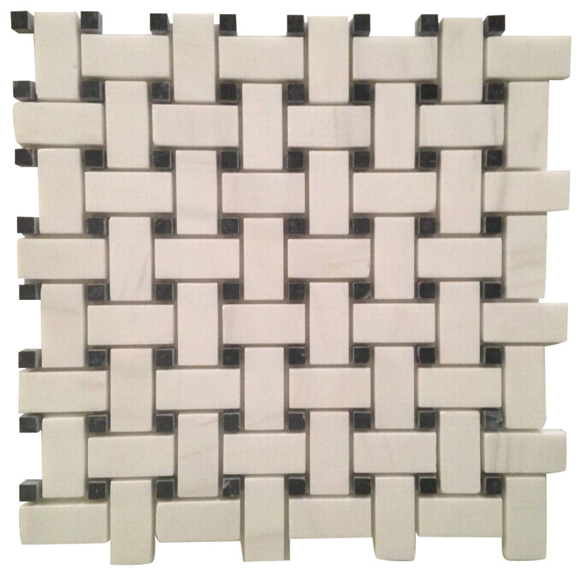 Basket Weave With Black Dot Honed Tile, Bianco Dolomite 12"x12"