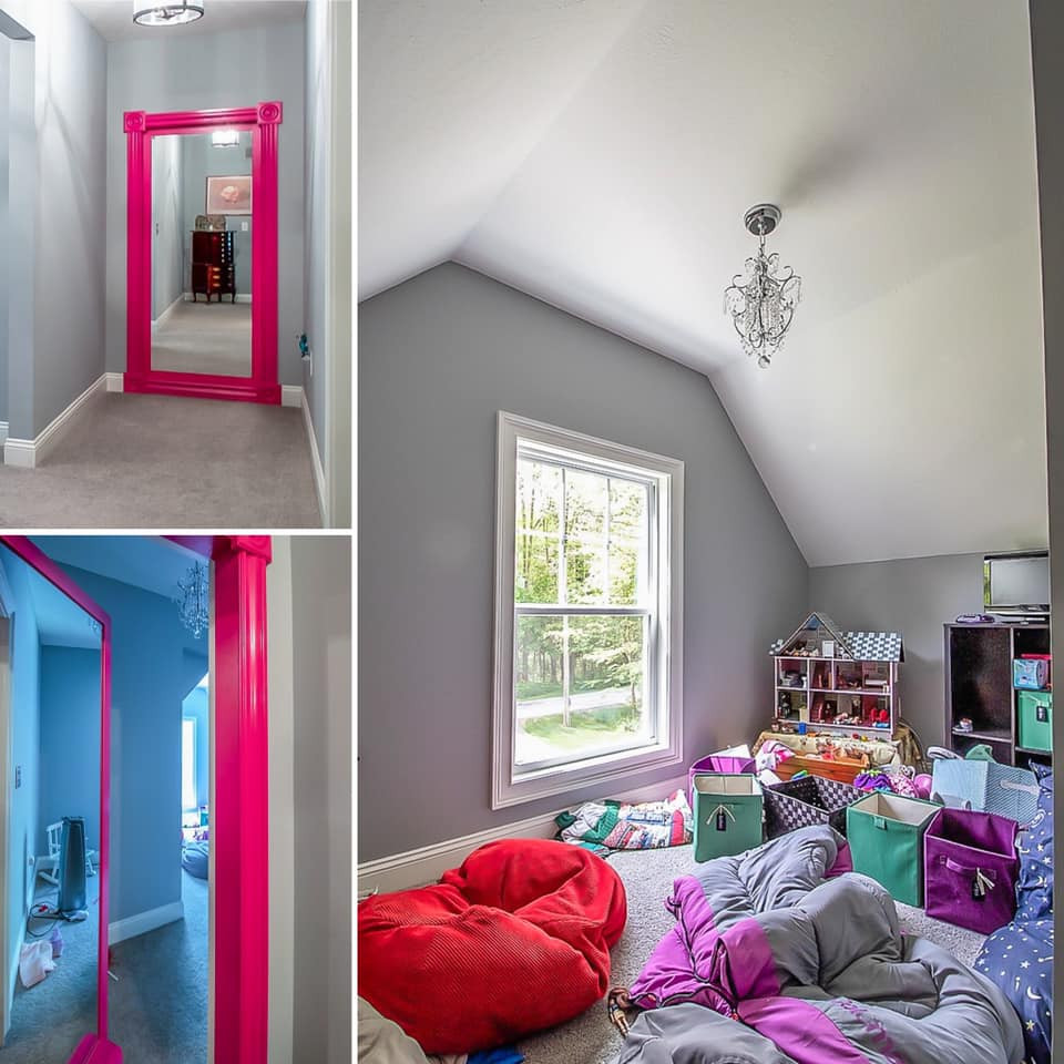 Large traditional gender-neutral kids' playroom in Cleveland with grey walls, carpet, grey floor and vaulted for kids 4-10 years old.